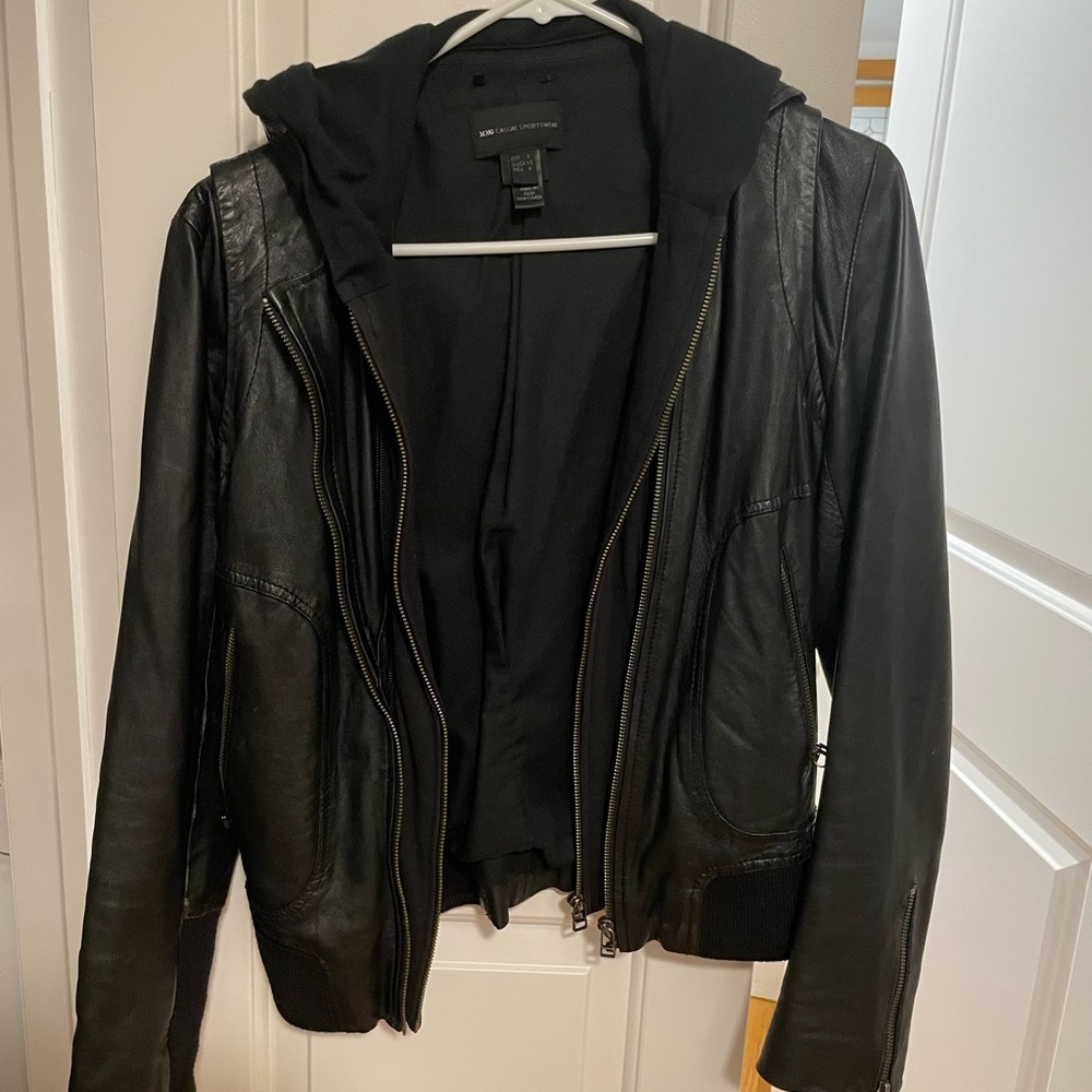 MNG 100% sheep leather black bomber jacket with hood. Genuine leather. Size XS